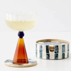 Discount Inlay Coaster Set Of 6 Teal/Ivory Tableware