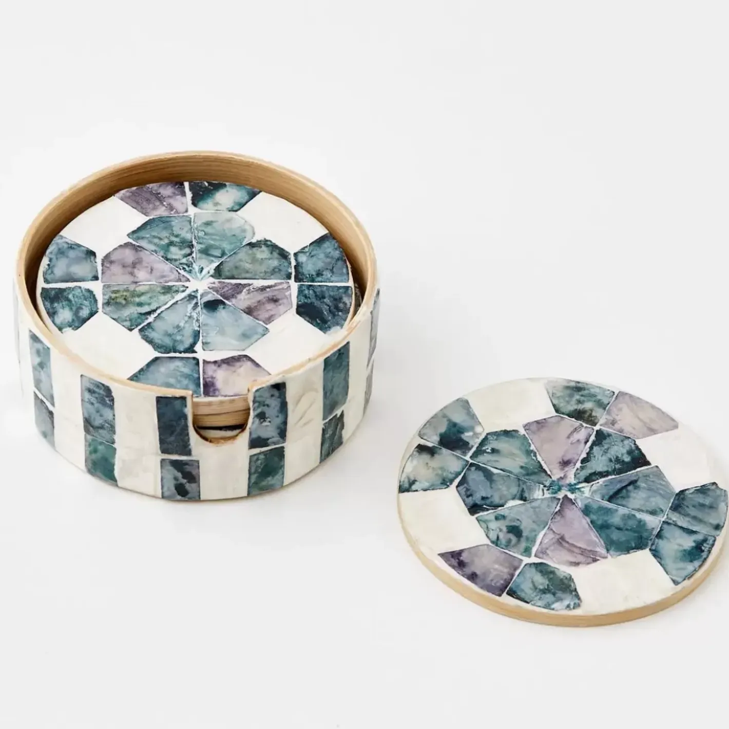 Discount Inlay Coaster Set Of 6 Teal/Ivory Tableware
