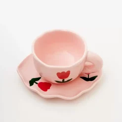 Outlet Tulip Ceramic Tea Cup And Saucer Pink Mugs & Teacups